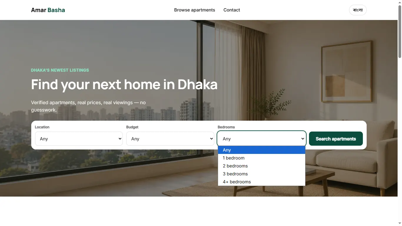 Amar Basha apartment discovery interface with location and property cards
