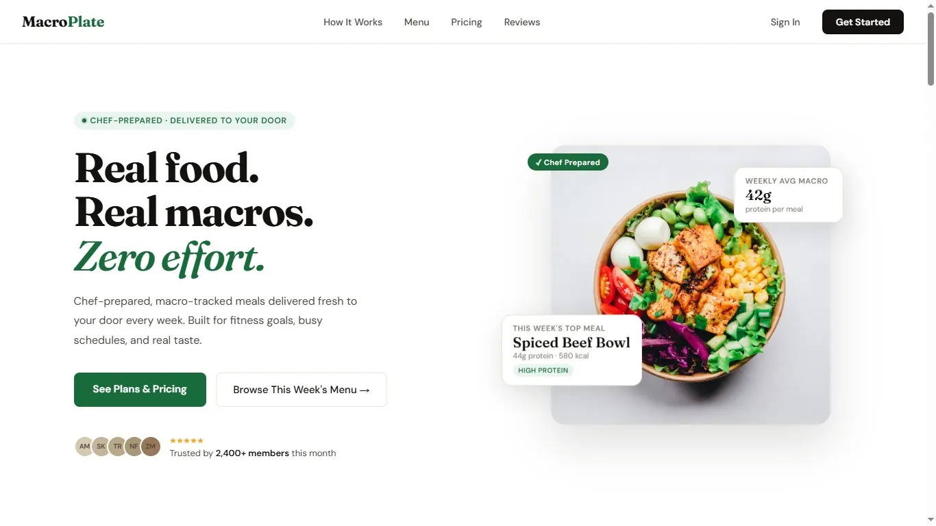 MacroPlate meal subscription interface showing plans and food choices